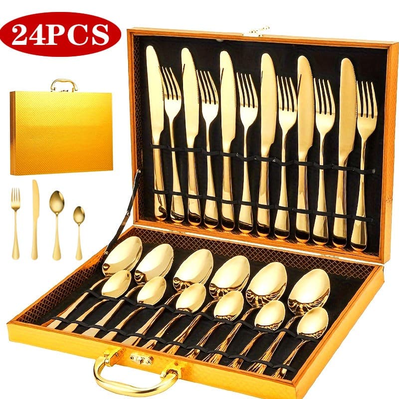 Kit Faqueiro Maleta De Talheres Inox 24 Peças Com Dourado Chique