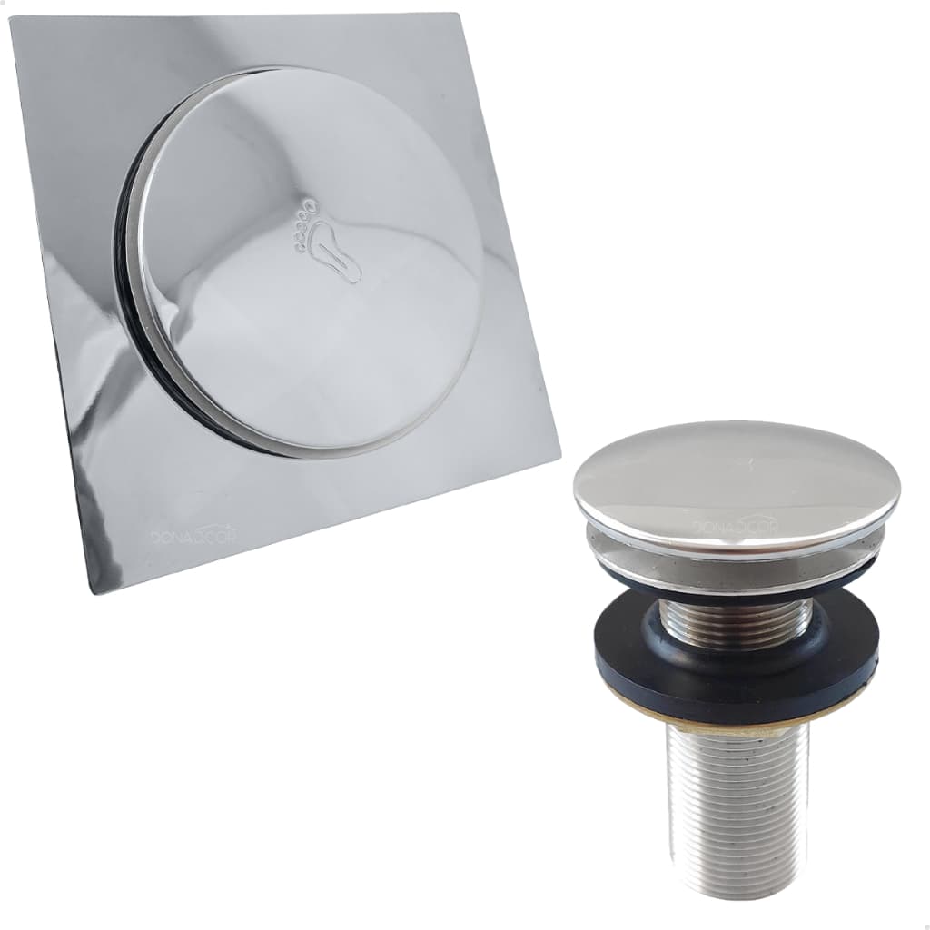 Ralo Click 15x15 Inox E Valvula Ralo De Pia 7/8 Kit Banheiro Brilhoso Tampa Ralo Quadrado 15cm