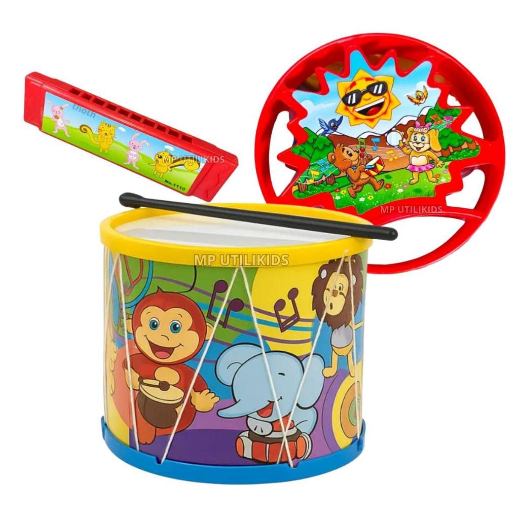 Kit Pandeiro Bumbo Gaita 3 Brinquedos Instrumentos Infantil Educativo Tambor Musical Pedagógico