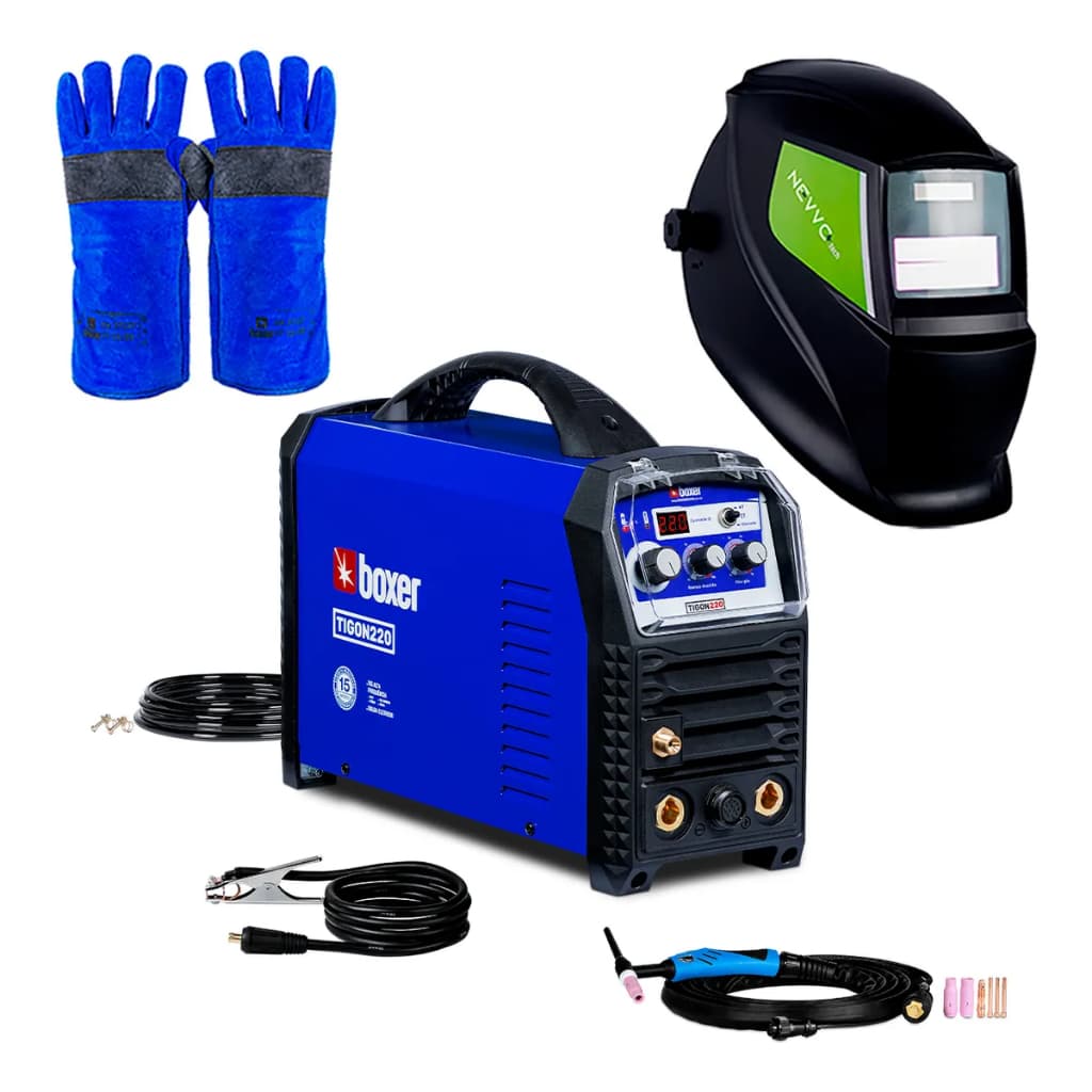 Kit Máquina de Solda 220Amp 220V TIG MMA Tigon220 + Luva de Soldador 300° Boxer + Máscara de Solda