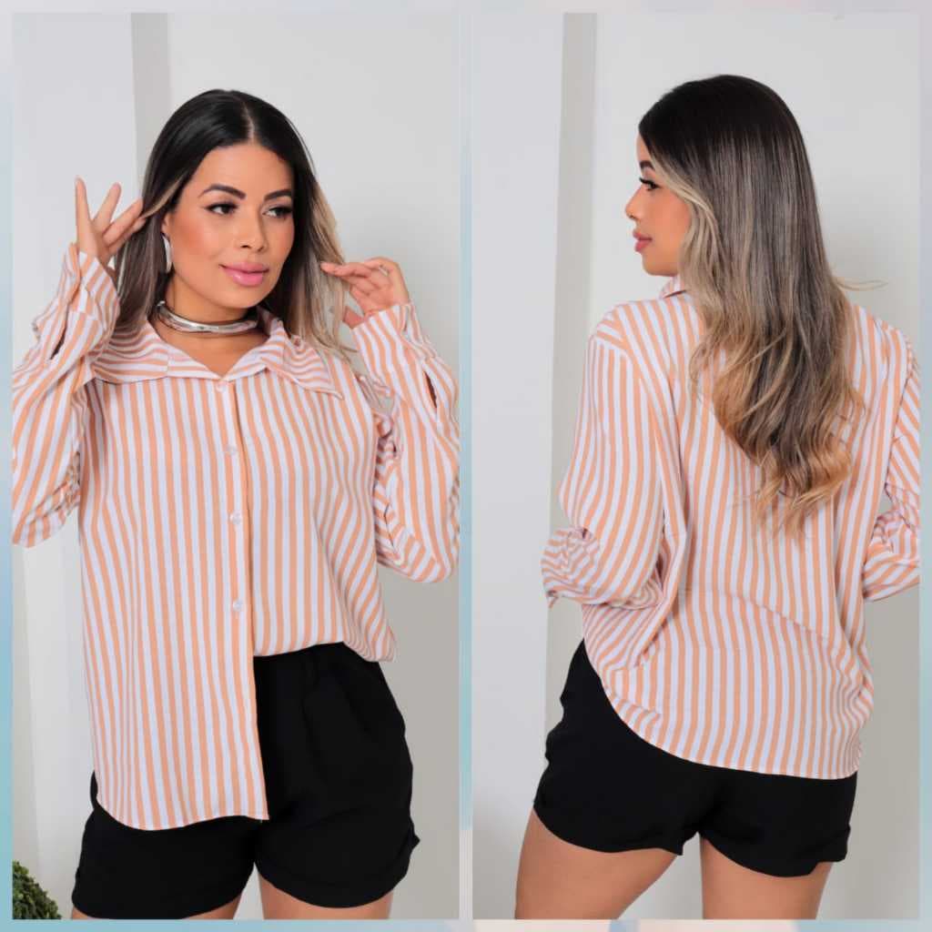 Camisa Listrada Feminina Estilo Blogueira Manga Solta Fashion Verão