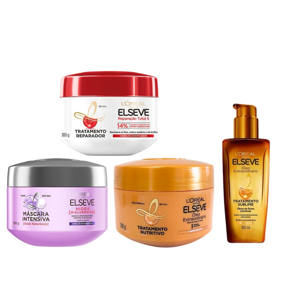 Cronograma de Mascaras Elseve 300g (Rep Tot.5+Nutrição +Hialurônico)+Óleo Extr.100ml - Envio Rápido