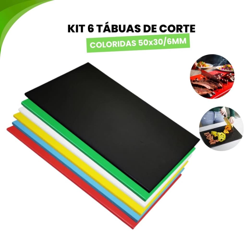 Kit 6 Tabuas De Carne Corte 50x30 6MM Anvisa Polietileno Cores Carnes Legumes Peixe
