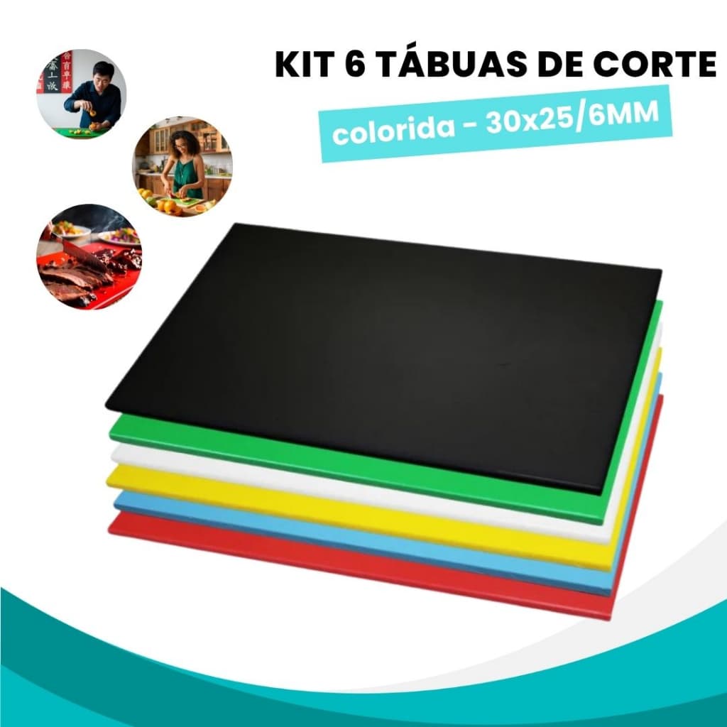 Kit Com 6 Tabuas De Corte Coloridas 30x25 6MM Anvisa Carnes Legumes Pao Peixes