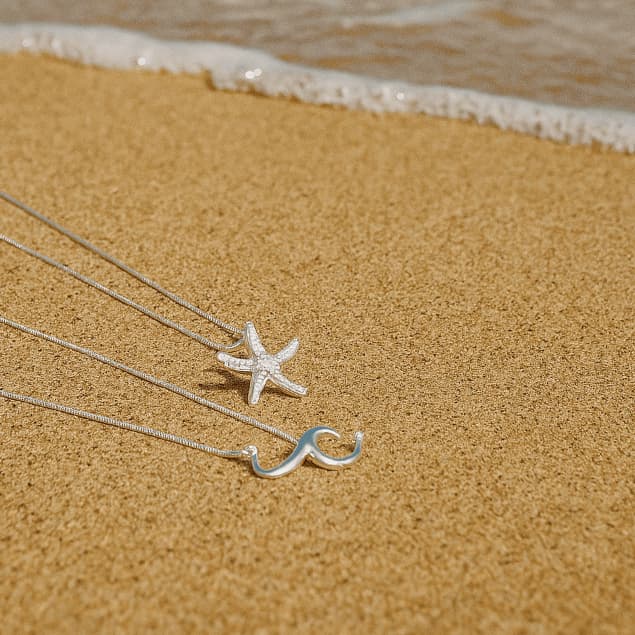 Kit Colar Onda + Colar Estrela Feminino | Gargantilha Banhada a Prata Moda Praia Minimalista 45cm e 50cm