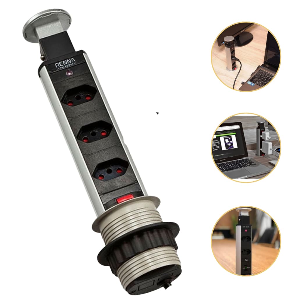 Torre de 3 Tomadas 20A Vertical Embutir Retrátil  Bancada Mesa Escritório Bivolt 127/220v 3500W  RENNA