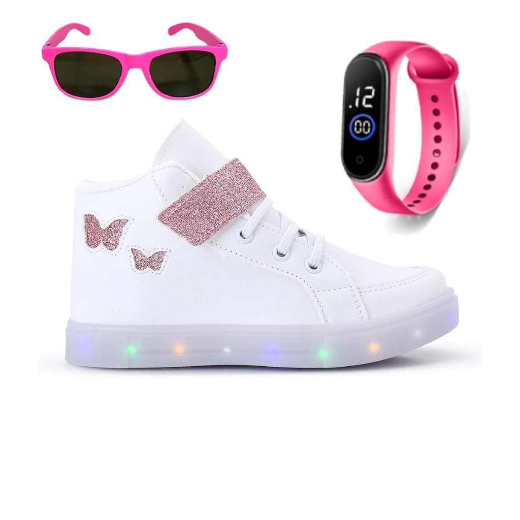 Kit Botinha Feminino Infantil Tenis De Led Meninas Borboleta Glitter Branca + Óculos e Relógio GeG