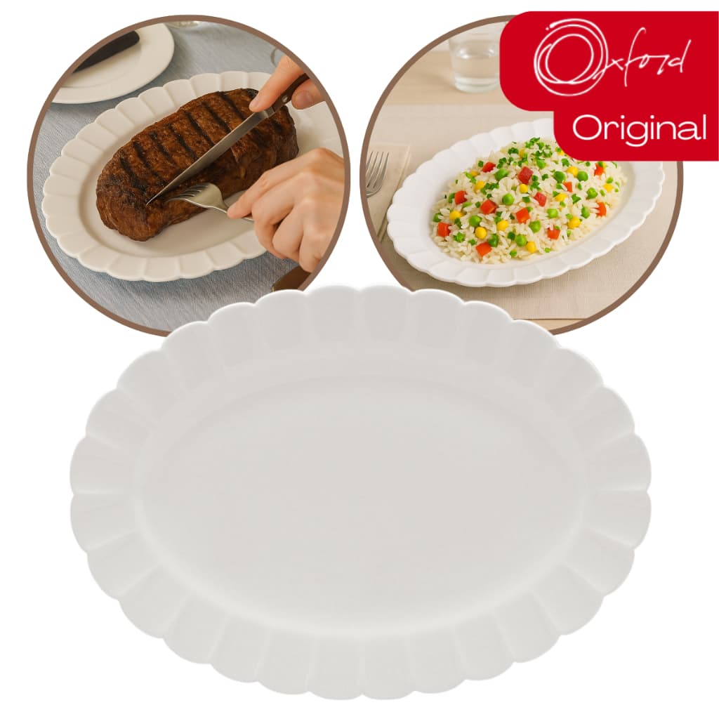 Travessa Grande Em Porcelana Rasa Oval Flora Camelia Branco Off White Oxford