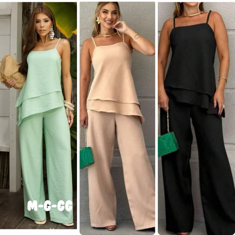CONJUNTO FEMININO CALÇA SOCIAL FLARE E BLUSA TRANSVERSAL REGATA ALCINHA ALFAITARIA CHIQUE