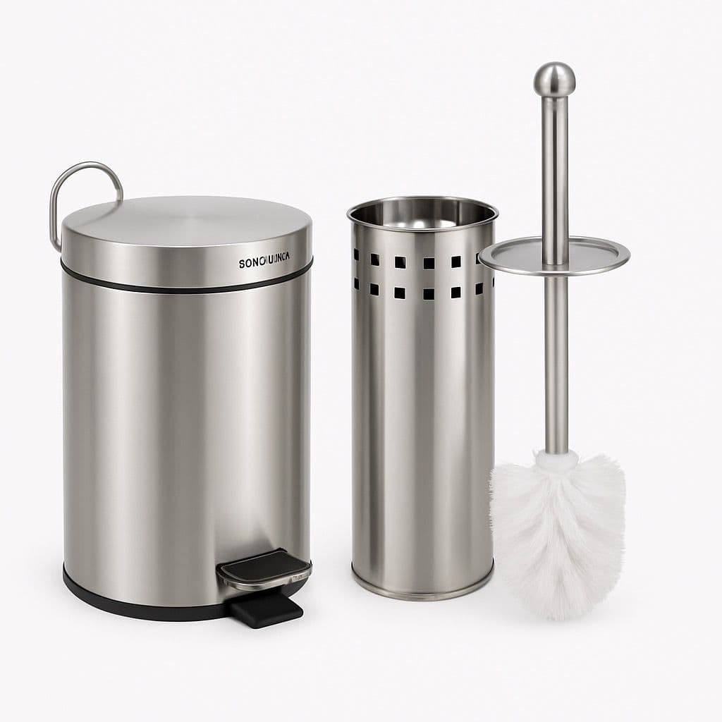 Lixeira de Banheiro 5 Litros com Escova Sanitária e Suporte - Inox