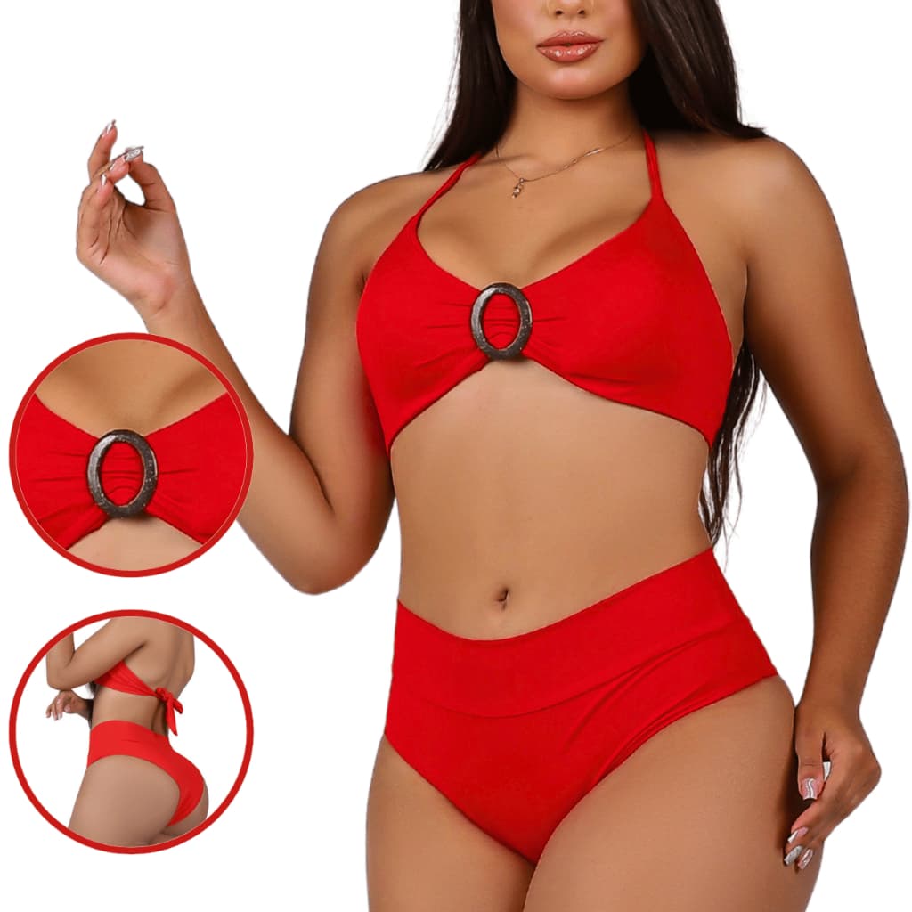 Conjunto de Biquíni Moda Praia Biquíni Feminino Suplex Poliamida Vermelho
