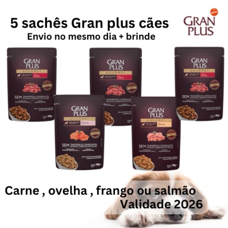Sachês Gran Plus Gourmet kit com 5 sachês para Cães - Carne, Ovelha, Frango ou Salmão | Envio Imediato + Brinde
