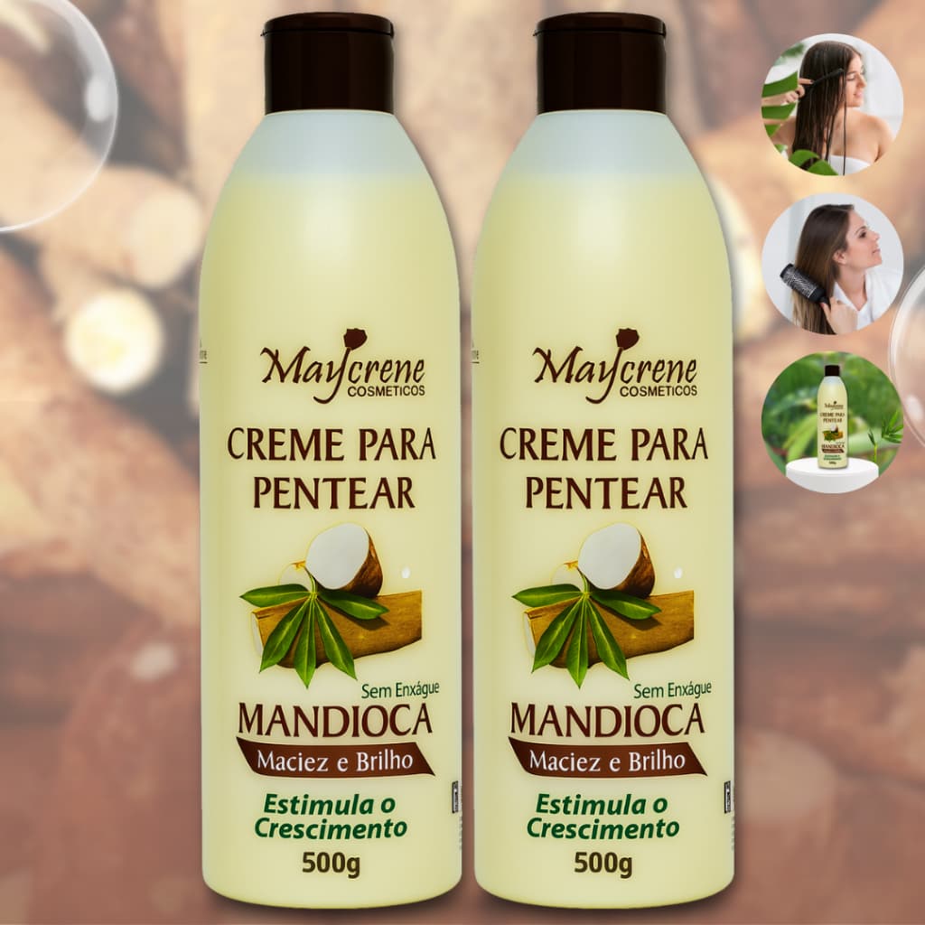 Kit 2 Creme para Pentear Mandioca Maciez e Brilho Hidratação, Frizz, Liso, Cacheado Maycrene 500g