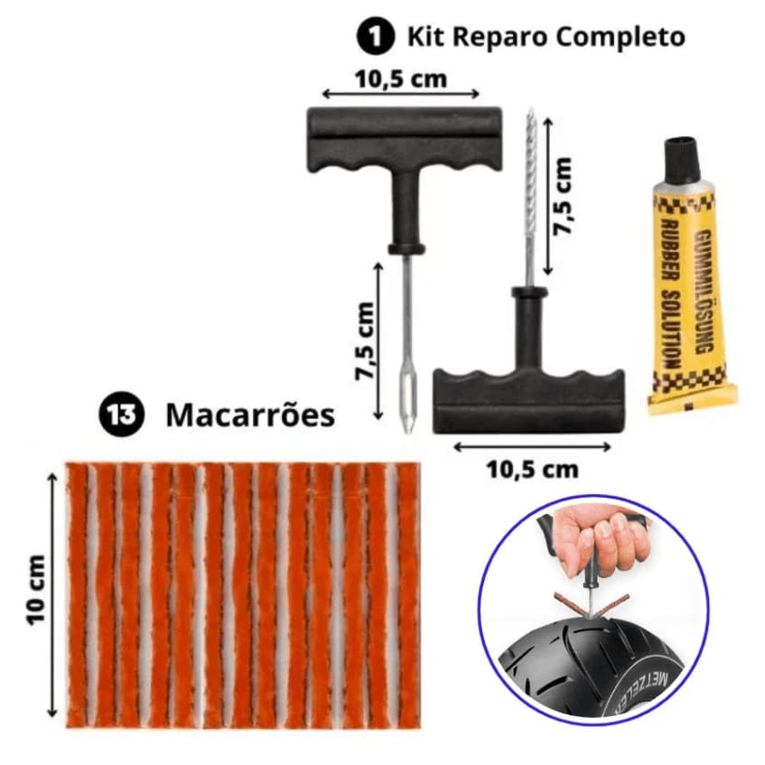 Kit Reparo Rápido para Pneu Sem Câmara – 10 Refis + Ferramentas | Carro e Moto