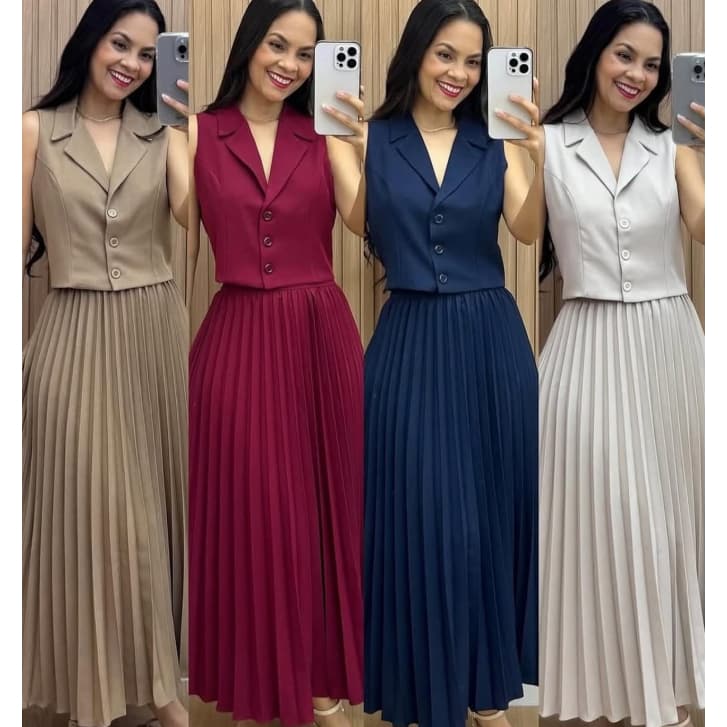Conjunto Feminino Colete + Saia Plissada em Alfaiatria