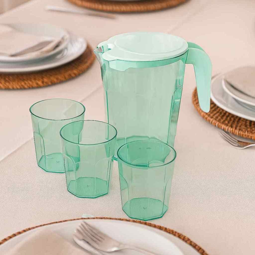 Kit Suco 1 Jarra de 1,5 litros com 4 Copos de 400 ml Cozinha Dehaus Verde Azul Vermelho