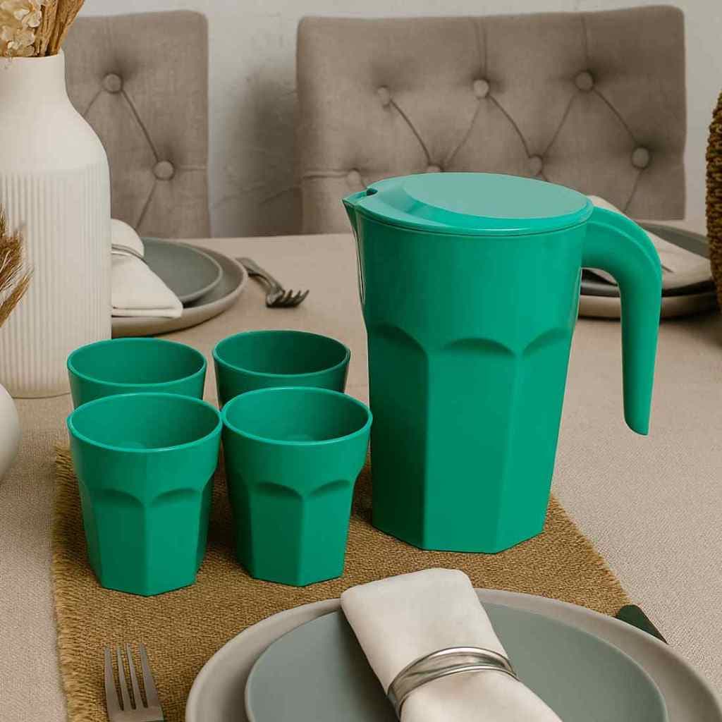 Kit Suco 1 Jarra de 1,5 litros com 4 Copos de 400 ml Cozinha Dehaus Verde Água Opaco