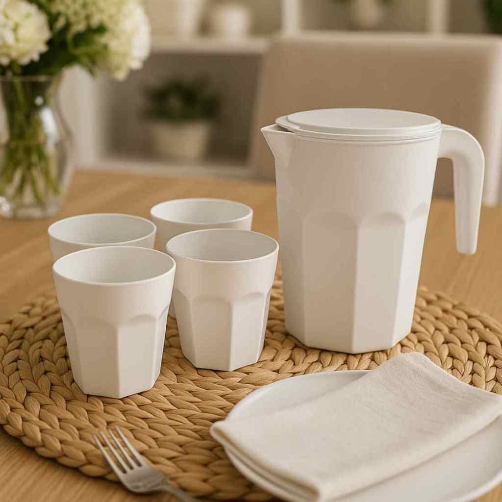 Kit Suco 1 Jarra de 1,5 litros com 4 Copos de 400 ml Cozinha Jogo de Copos com Jarra Presente Mãe