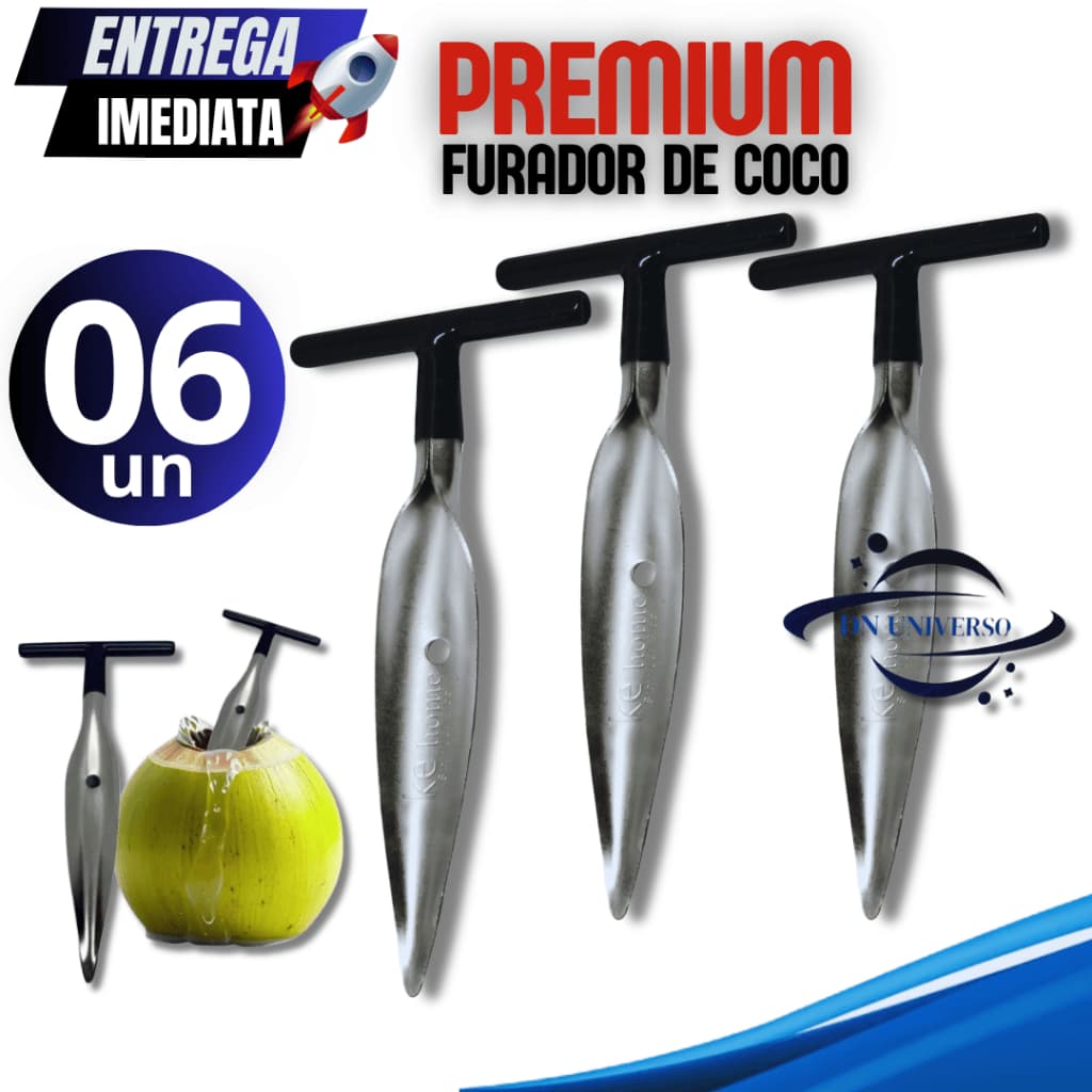 06 Perfurador Furador Abridor de Coco Inox Fura Coco em Casa Praia Bares e Restaurantes Furadores Premium