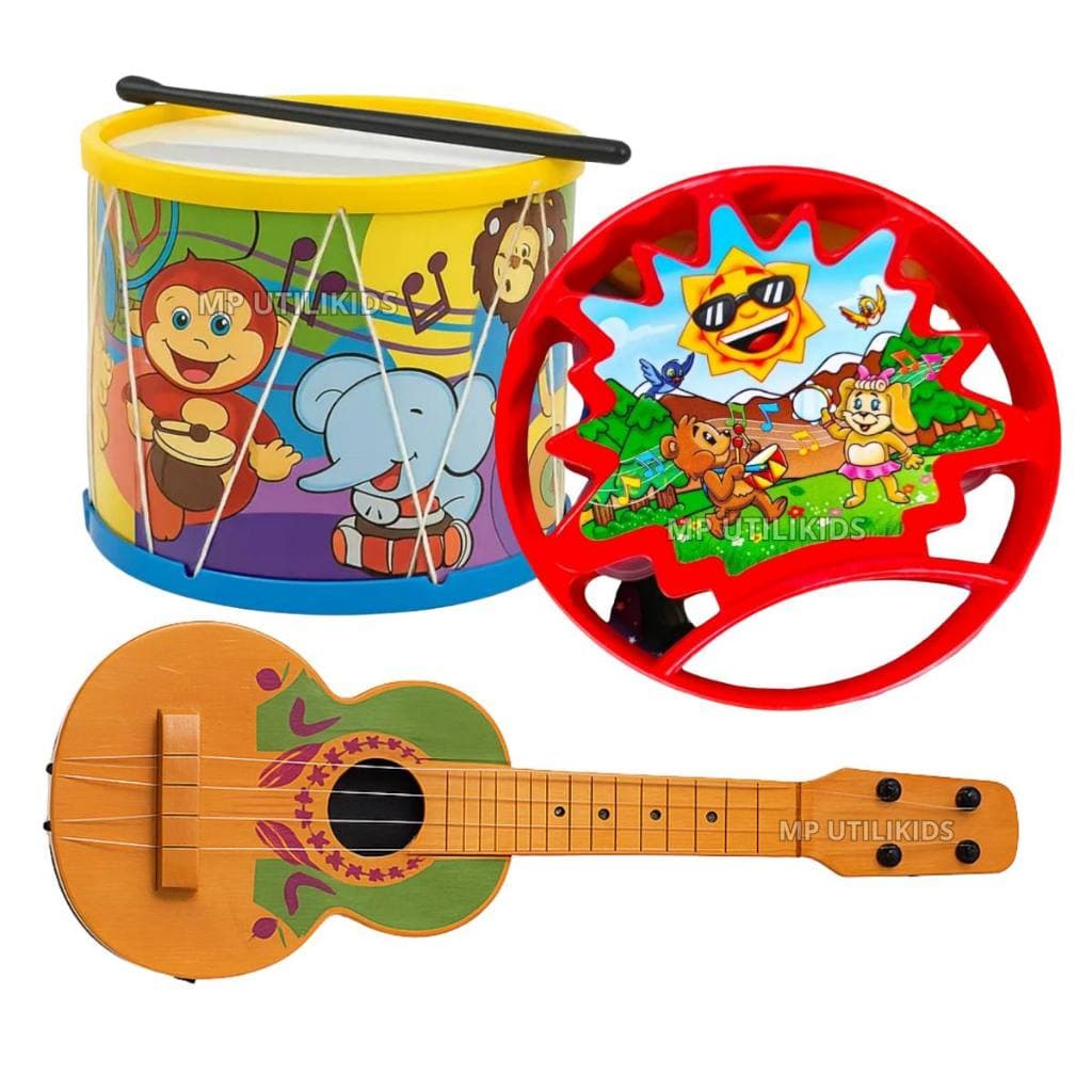 Brinquedo Infantil Violão Musical Pandeiro Bumbo Kit 3 Instrumentos Menino Menina NF