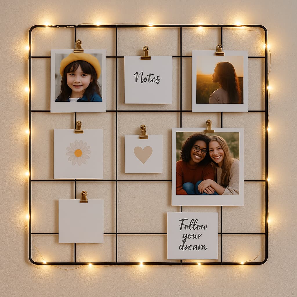 Painel de Fotos Memory Board com LED–Grade Aramada Estilo Porta-Retrato 30x30 (Não Precisa de Pilha)