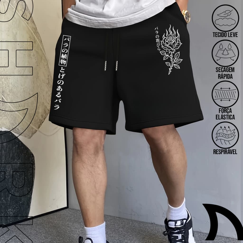 Bermuda Moletom Masculino Short Esportivo Escrita Japones Gotico Estilosa Streetwear Versatil Todas Ocasioes