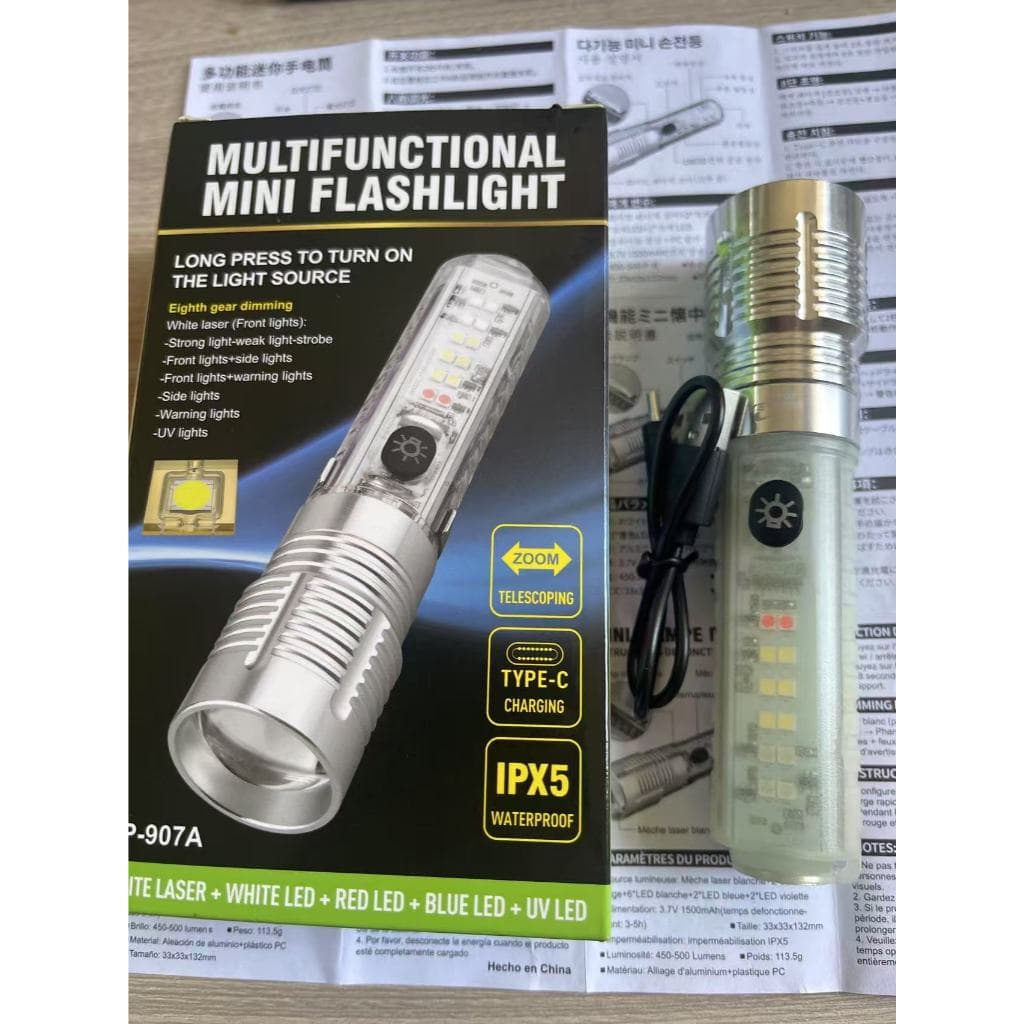 Lanterna Potente USB C Recarregável LED Lampada Ímã Luz Uv Multifuncional Portátil