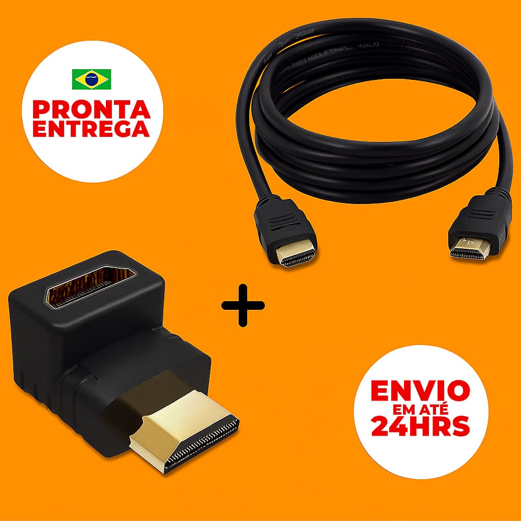 Adaptador 90 Graus Curva em L Macho x Fêmea + Cabo HDMI Full Hd 4K Alta Definição Hd 1,5m
