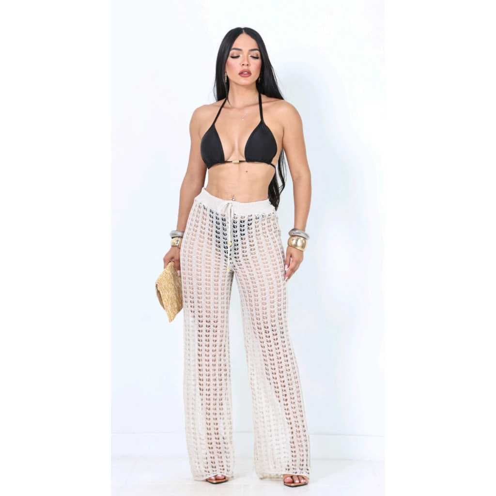 Calça Saida de Praia Feminina em Tricot com Ajustador na Cintura Confortável