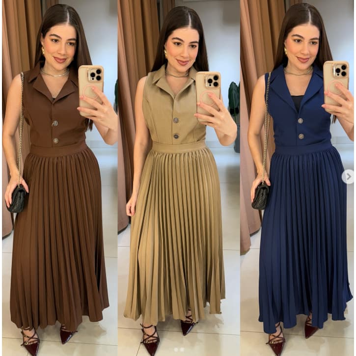 Conjunto Feminino Colete + Saia Plissada em Alfaiatria