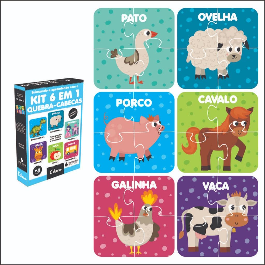 Kit 6 Quebra Cabeça Mdf 4 Peças Jogo pedagógico Infantil Educativo Didático (6 temas)