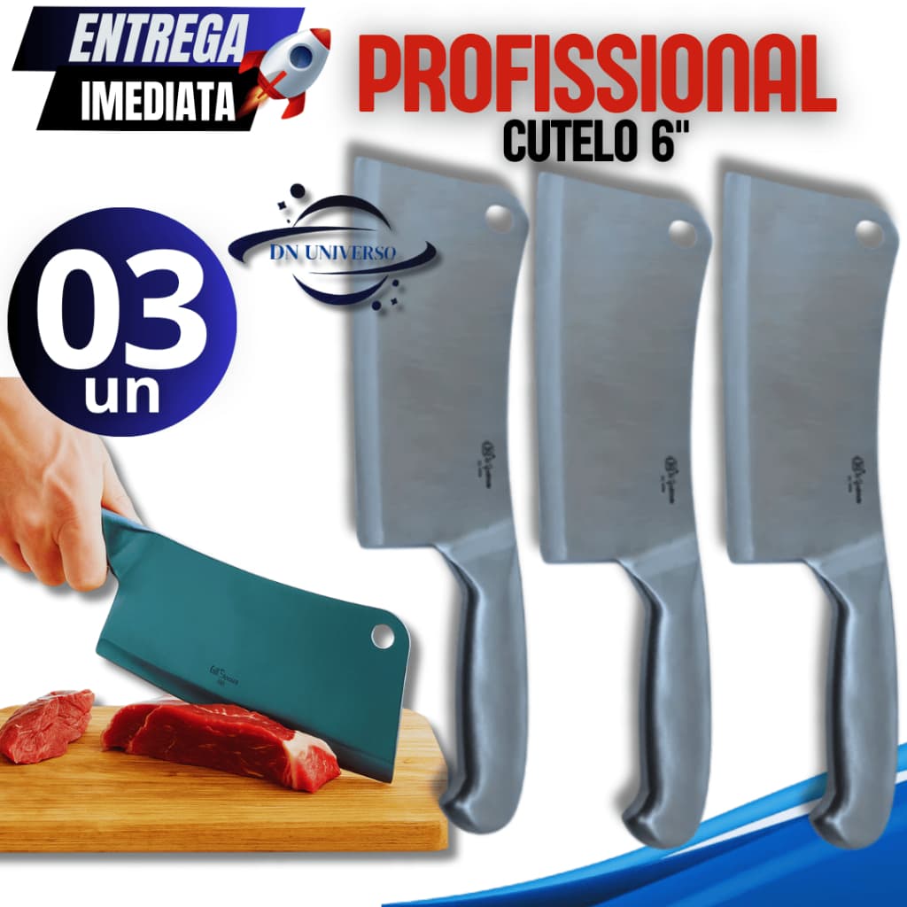 Kit 03 - Cutelo Profissional 6" Açougueiro Cozinha Inox Texas Gourmet, Resistencia e Durabilidade Para suas receitas
