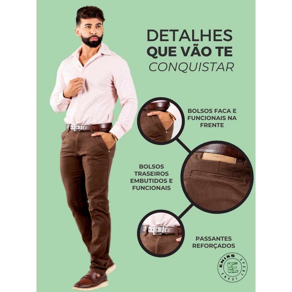 Calça Masculina Marrom Casual  Bolsos Funcionais Passantes Reforçados Conforto para Trabalho