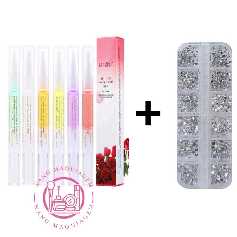 Conjunto Caneta Óleo Hidratante Revitalizante De Frutas Gel + Kit Estojo Strass Prata