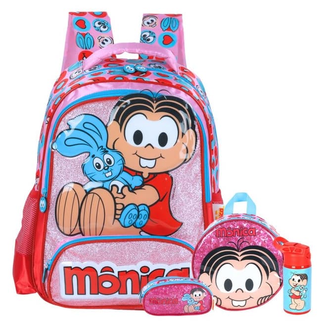 Kit Conjunto Escolar Menina Turma da Monica Mochila Costas + Lancheira Térmica + Estojo Garrafa