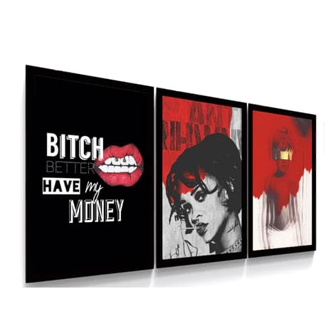 QUADROS DECORATIVOS RIHANA DIVAS FASHION POP MUSICA 3 PEÇAS