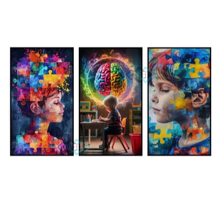 KIT 3 QUADROS DECORATIVOS MENINO AUTISMO QUEBRA CABEÇA SALA EDUCACIONAL 3 PEÇAS MODERNO ELEGANTE