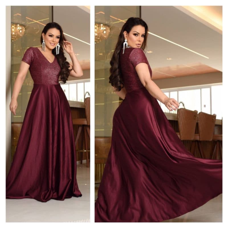 vestido longo godê festa casamento madrinha marsala com peito de lurex e saia de crepe acetinado