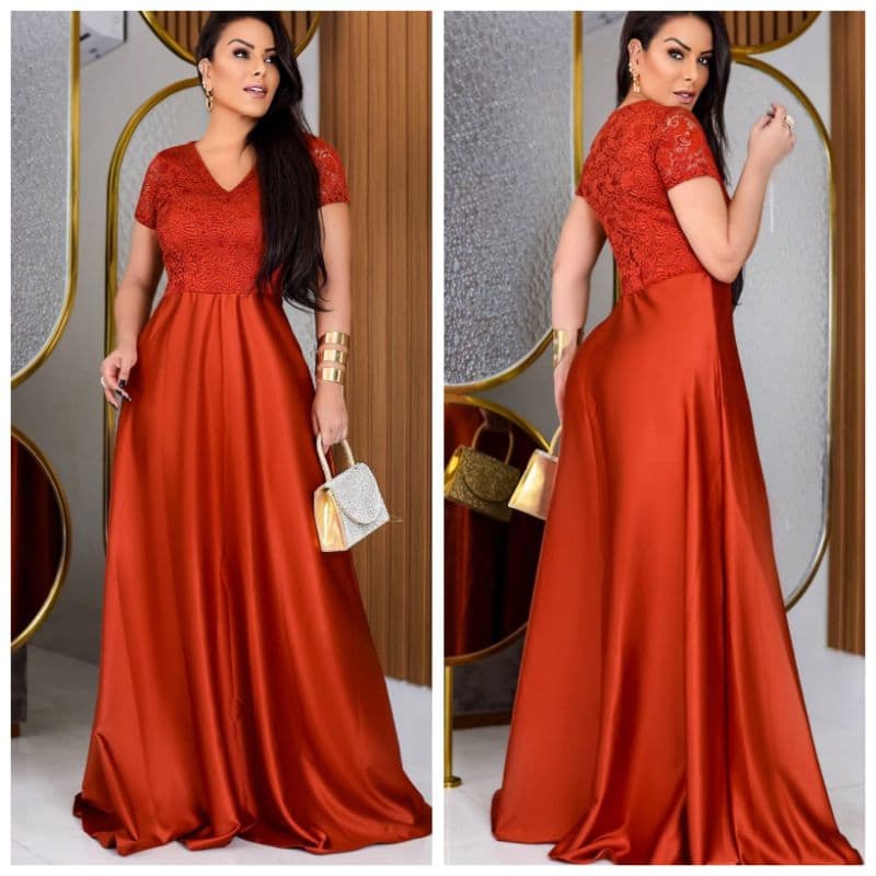 vestido de renda e saia de crepe acetinado longo para festa formatura elegante madrinha de casamento longo terracota