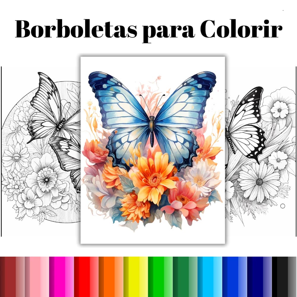 Kit 50 Desenhos Para Colorir de Borboletas com Flores A4 - 2 Desenhos por Folha