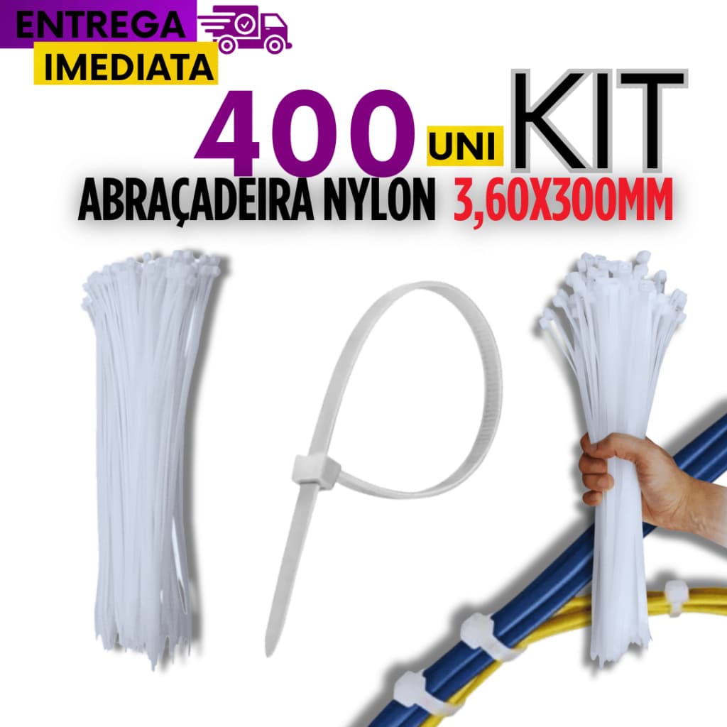 Conjunto 400 Abraçadeira de Nylon Enforca Gato Branca Linha Resistente Premium 3,60 X 300m