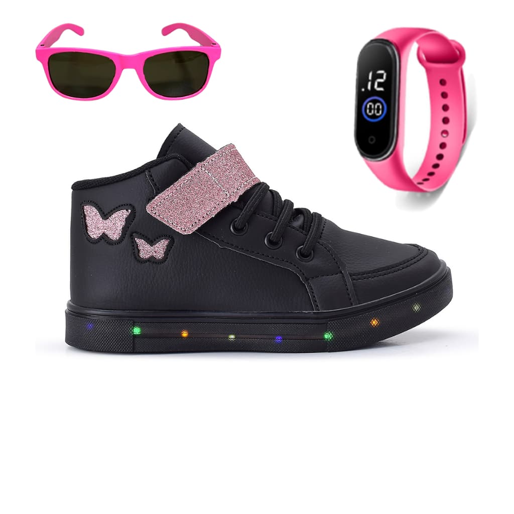 Kit Botinha Feminino Infantil Tenis De Led Meninas Borboleta Glitter Preta + Óculos e Relógio GeG