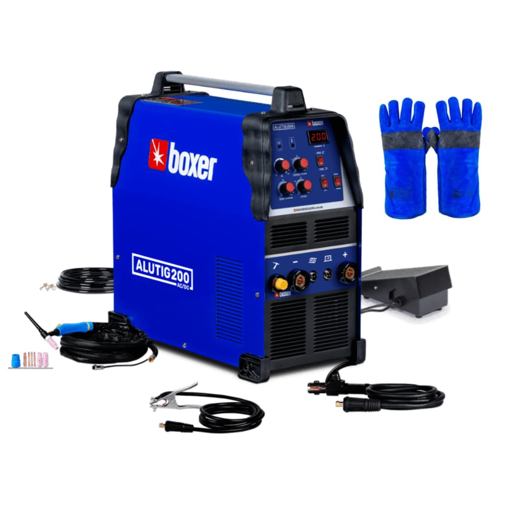 Máquina de Solda 190A Bivolt TIG AC/DC MMA Alutig200 + Luva Para Soldador 300° Cano Longo Boxer