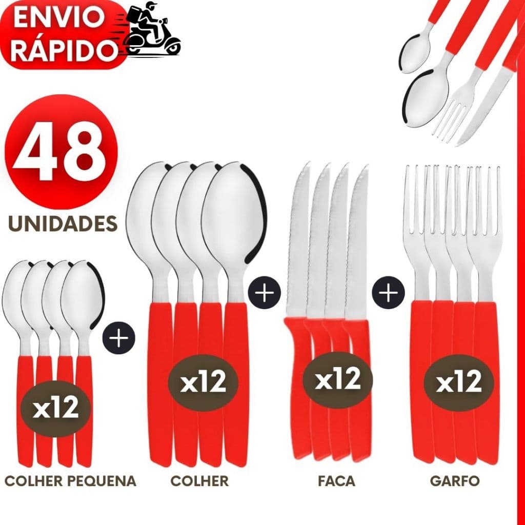 KIT 48 24 ou 16 Talheres Faqueiro Colher Garfo Faca Colher pequena Inox Cabo Vermelho