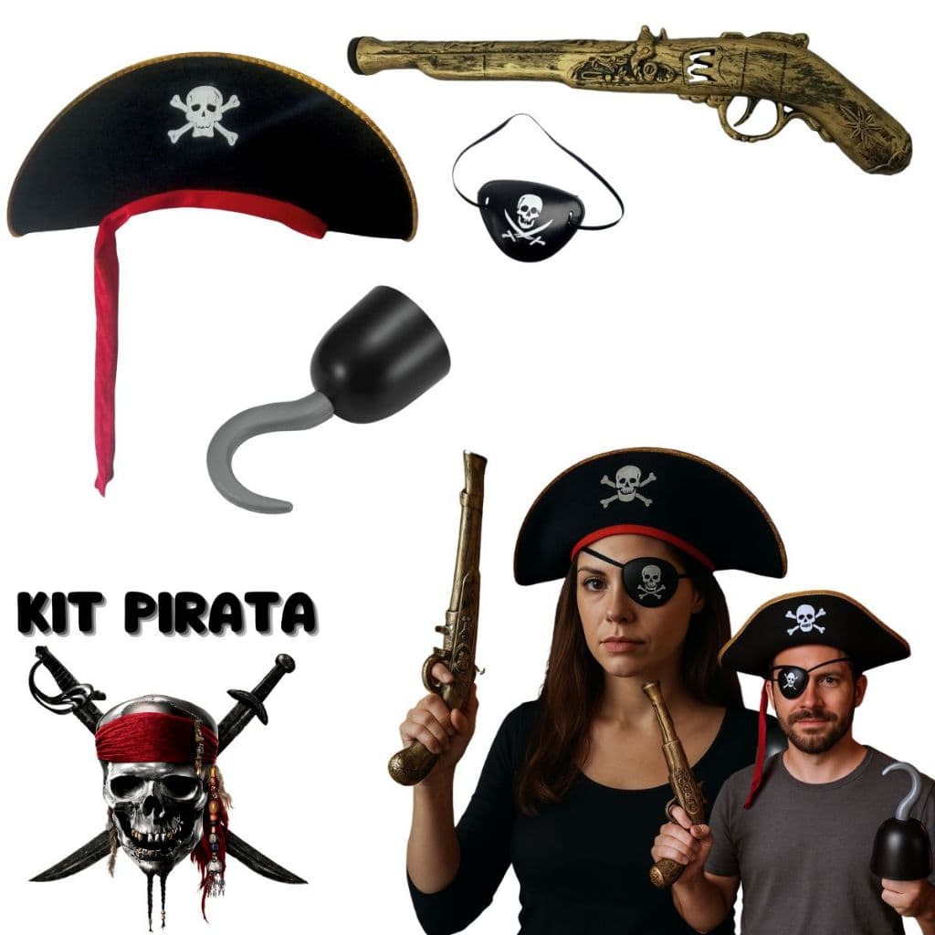 Kit Fantasia Pirata Luxo Cosplay Pistola Brinquedo Gancho Chapéu Tapa Olho Halloween Acessórios