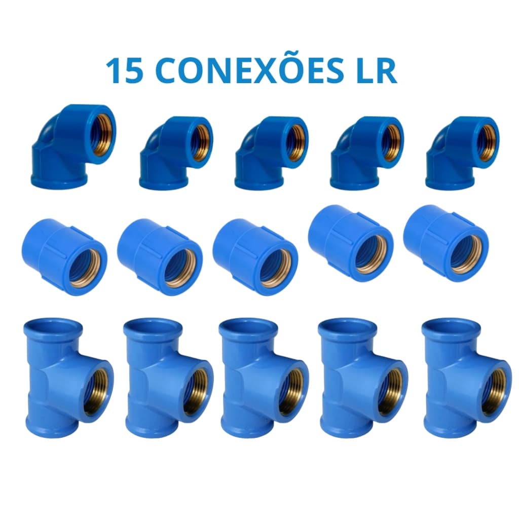 Kit 15 Conexões Azul LR Hidráulica Água Fria Rosca Latão 25mm x 1/2