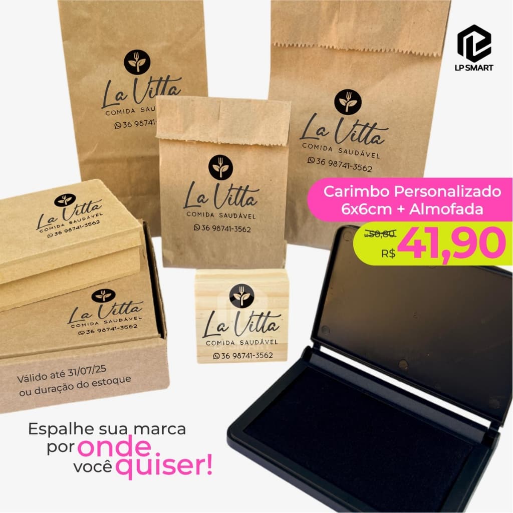 Kit Carimbo Personalizado 6x6cm + Almofada nº 3 já com Tinta para sacolas, tags, caixas, papel de seda