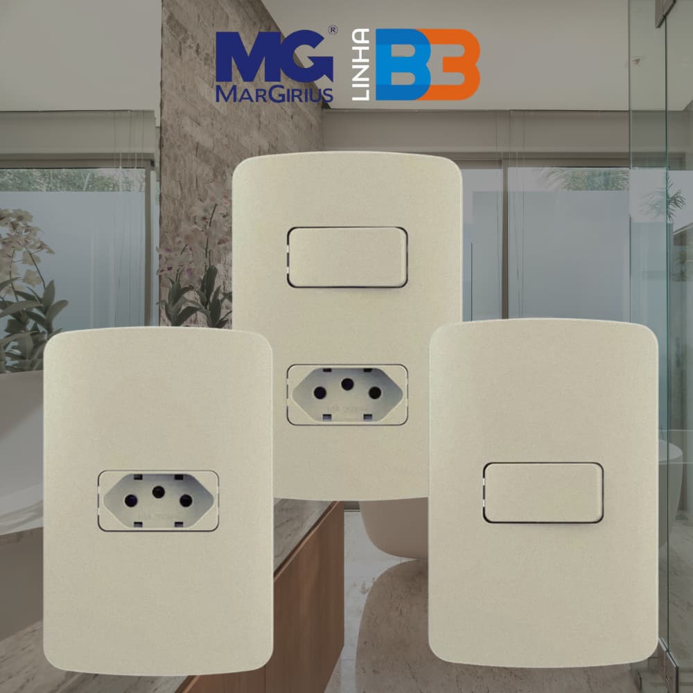 Tomada Margirius B3 Pérola Interruptor Dourado Champanhe Fosco 4x2 Acabamento Premium Para Parede