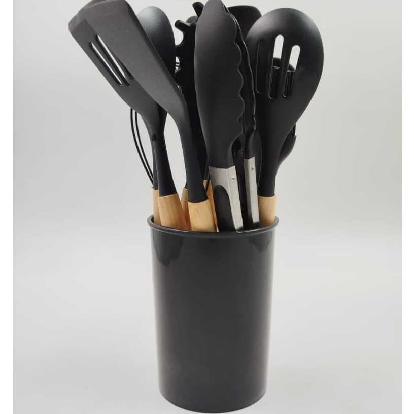 Kit 12 Utensílios De Cozinha Em Silicone E Cabo De Madeira