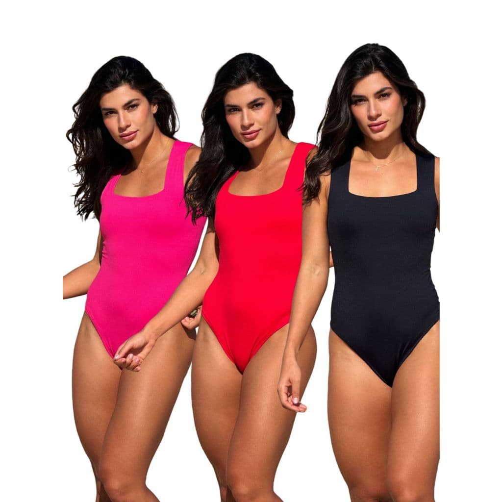Kit 3 Bodys Femininos Regata  Decote Quadrado com Forro  Poliamida Premium  Look Casual